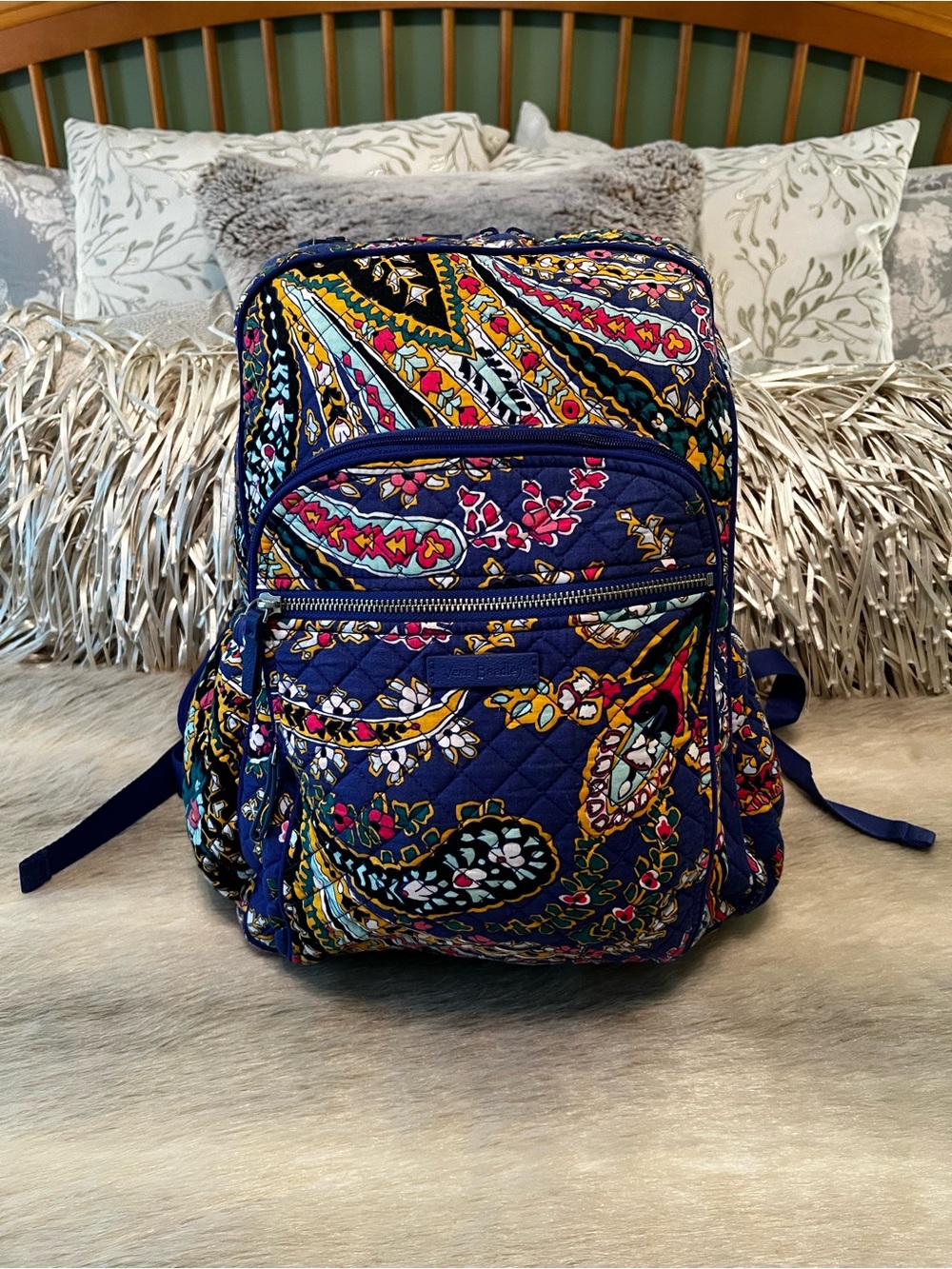 VERA BRADLEY Romantic Paisley 2018 Iconic XL Campus Backpack Blue Yellow Laptop
